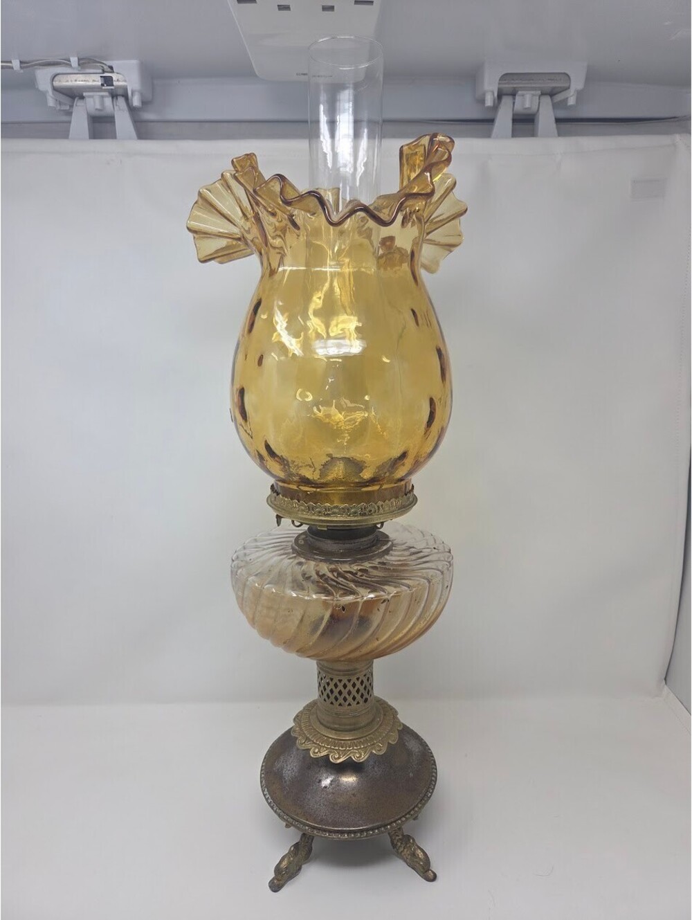 Vintage Oil Lamp With Amber Ruffled Glass Shade Clear Chimney & Brass Base